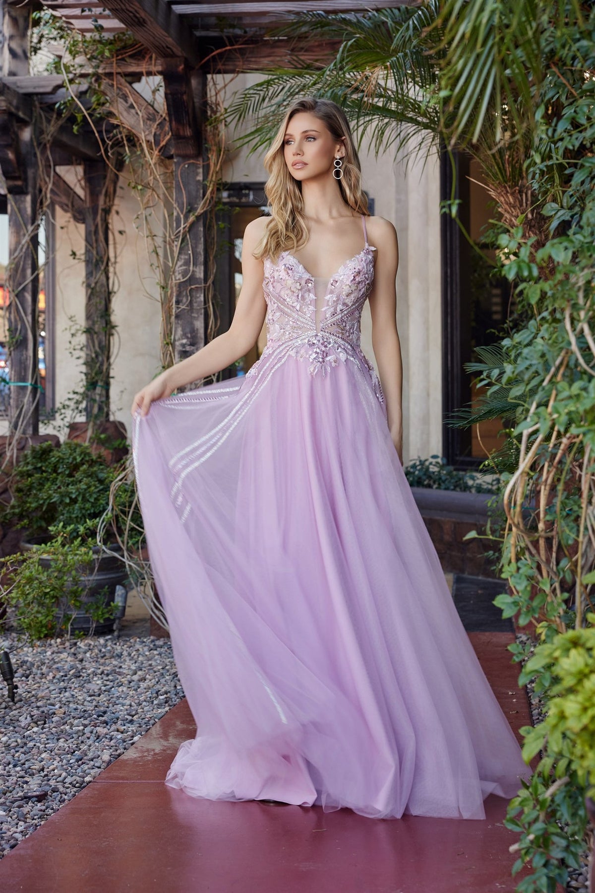 Formal Sleeveless Graduation Gown with Floral Motif & Lace up Back