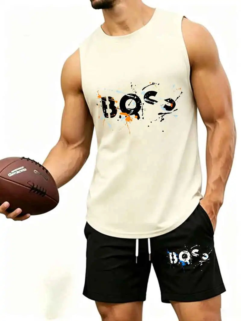 Men's Graffiti Letter Print 2-Piece Tracksuit, Sleeveless Muscle Tank Top with Drawstring Shorts, Casual Urban Sportswear