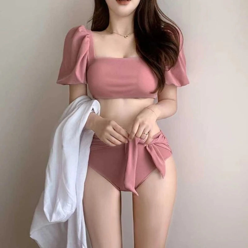 Women's Pink Bubble Sleeve Bikini Set High Waist Tie Bow Swimsuit Two Piece Bathing Suit Summer Beachwear