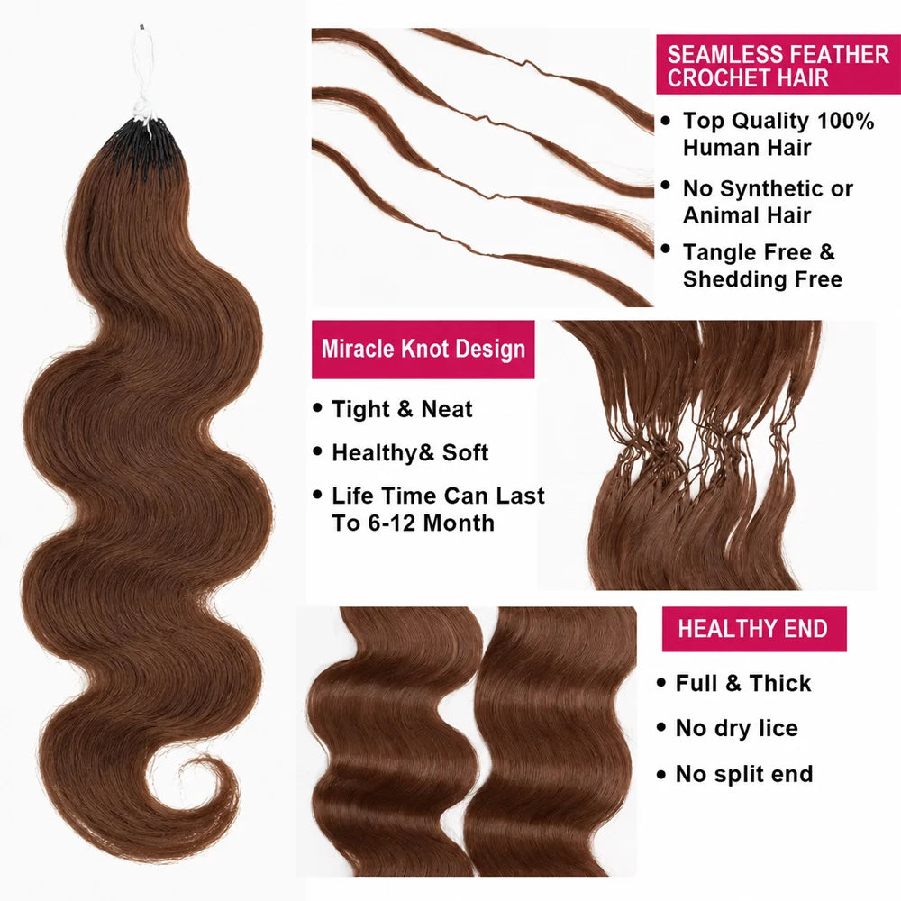 Brown Body Wave Crochet Human Hair Extensions Miracle Knots Feather Tip Braiding Hair Pre Separated Soft Bouncy Lightweight Easy Install Natural Looking Full Ends Boho Braids Protective Style For Women