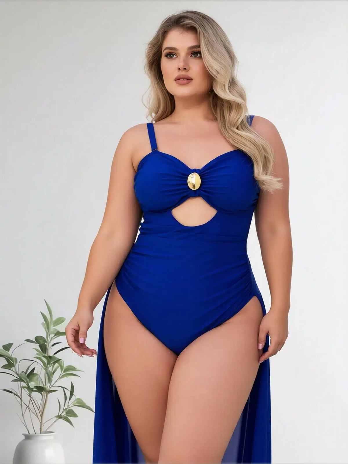 Plus Size Royal Blue One-Piece Swimsuit Women's Cutout Ruched Tummy Control Bathing Suit With Gold Accent For Beach Vacation, Push-Up & Slim Fit