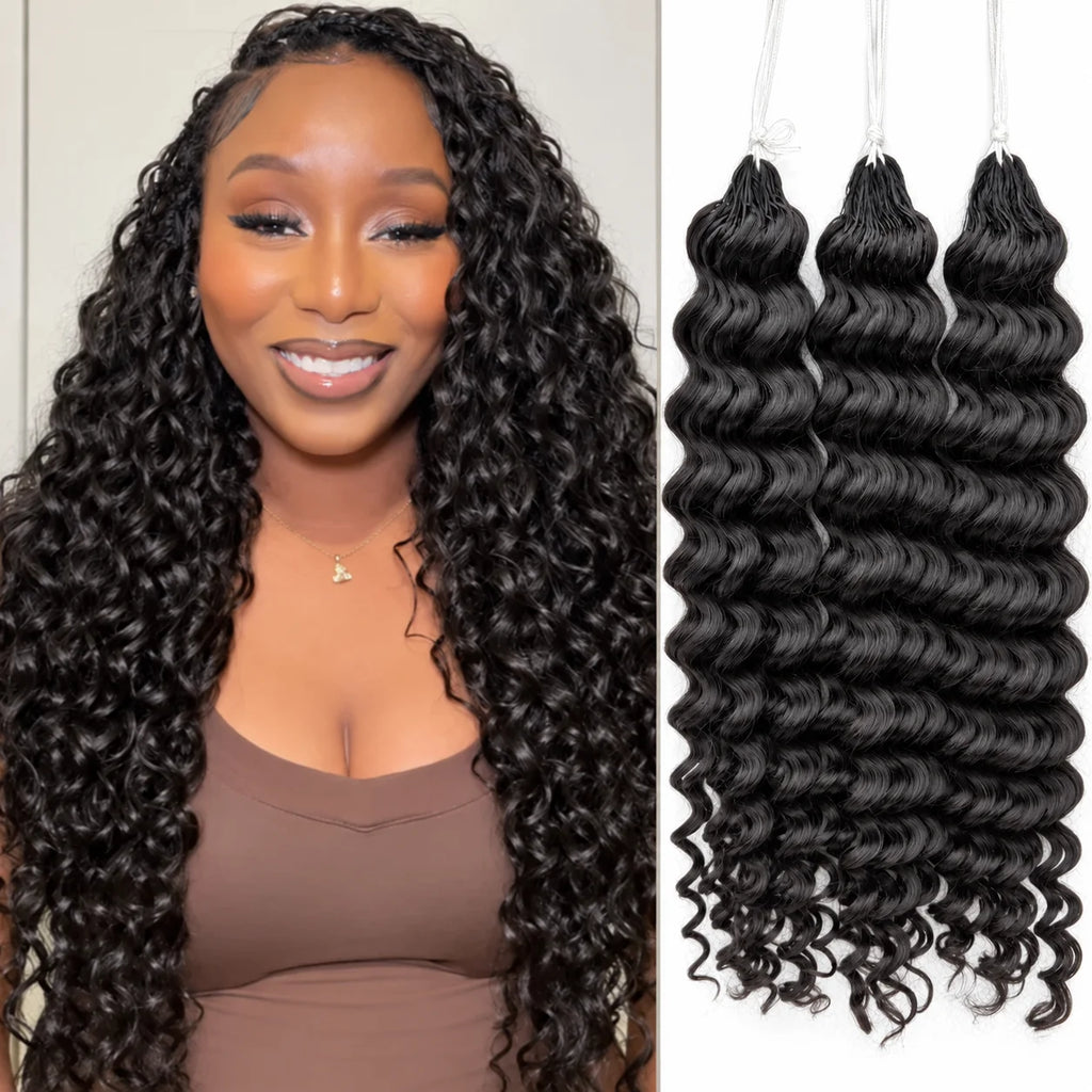 Miracle Knots Feather Deep Wave Crochet Human Hair Braiding Extensions Knotless Pre Separated Hair With String Soft Natural Curls Boho Crochet Braids Lightweight Comfortable Reusable 60g/60 Strands For Women