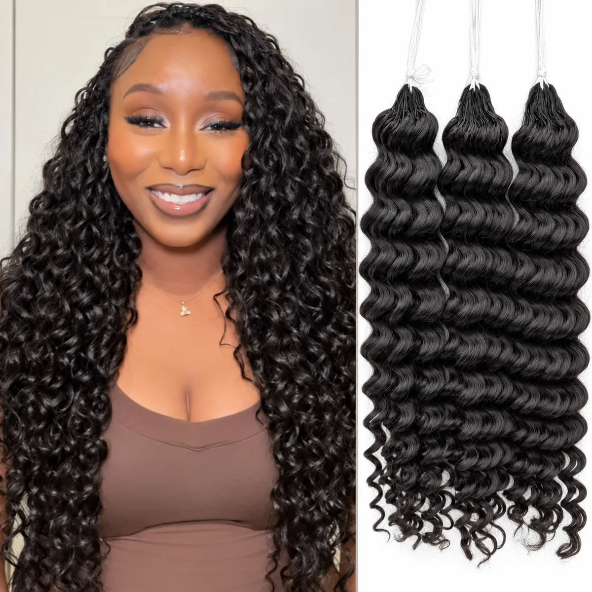 Miracle Knots Feather Deep Wave Crochet Human Hair Braiding Extensions Knotless Pre Separated Hair With String Soft Natural Curls Boho Crochet Braids Lightweight Comfortable Reusable 60g/60 Strands For Women