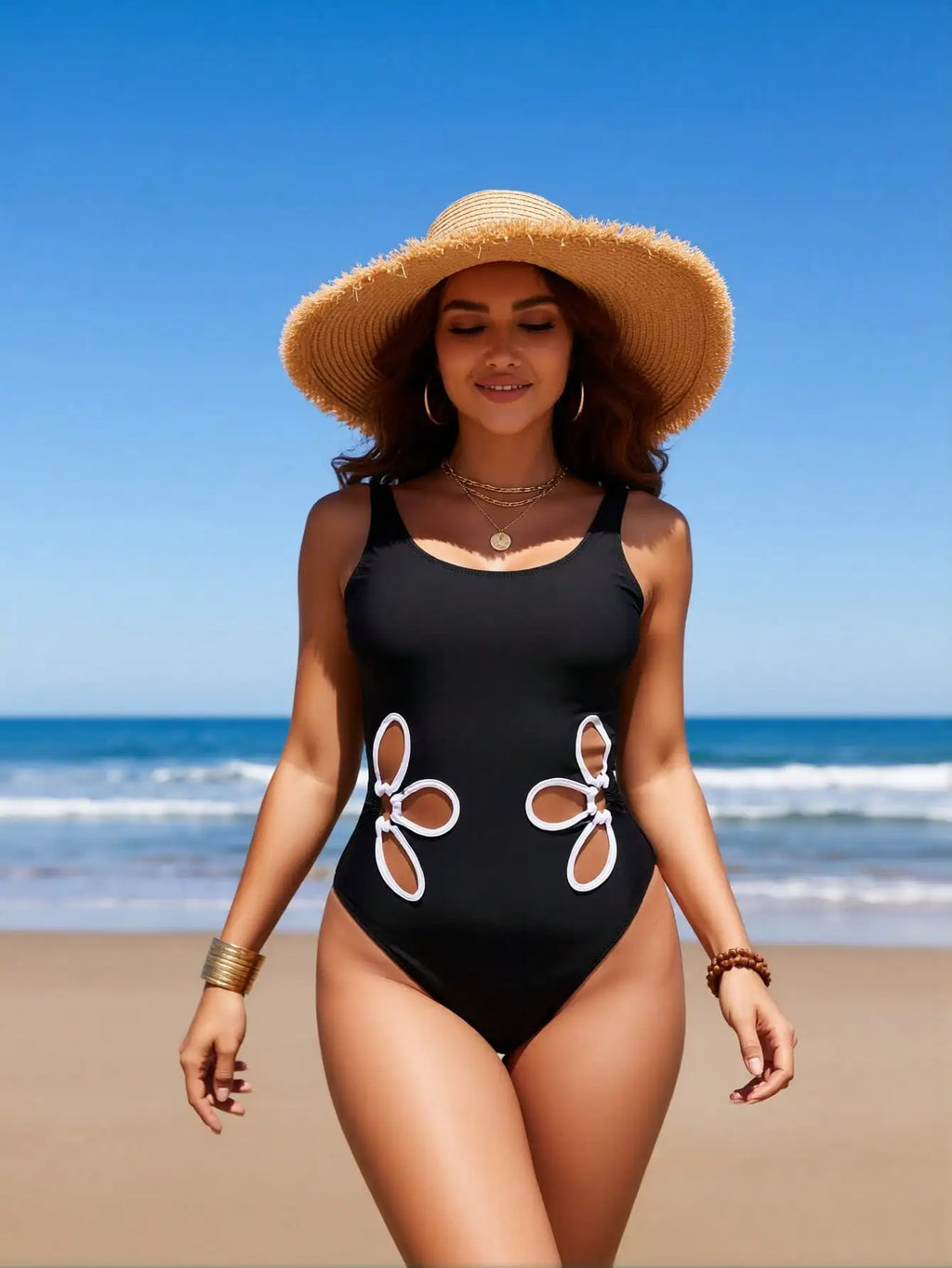 Women's One-Piece Swimsuit: Solid Black, White Floral Cutout Side Detail, Scoop Neck, High-Cut Leg, Chic Beach Style
