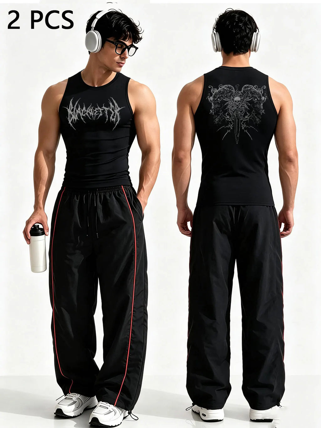Men Gothic Style 2Pcs Outfit Graphic Sleeveless Tank Top Side Striped Loose Trousers Gym Street Casual Tracksuit