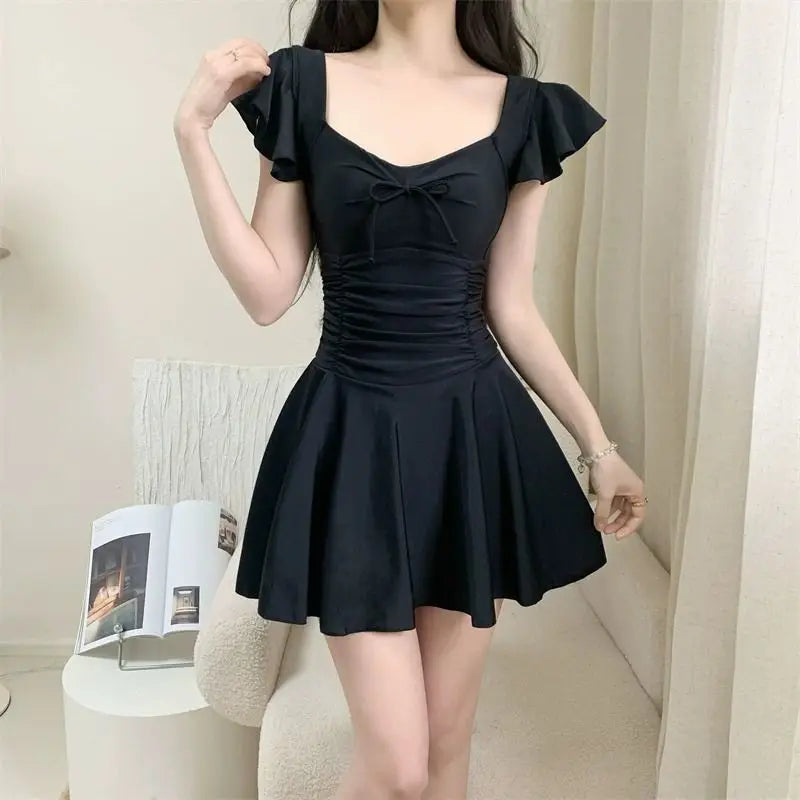 Women Skirted Swimdress Short Sleeve Tummy Control Swimsuit With Padding Slimming Hot Spring Bathing Suit