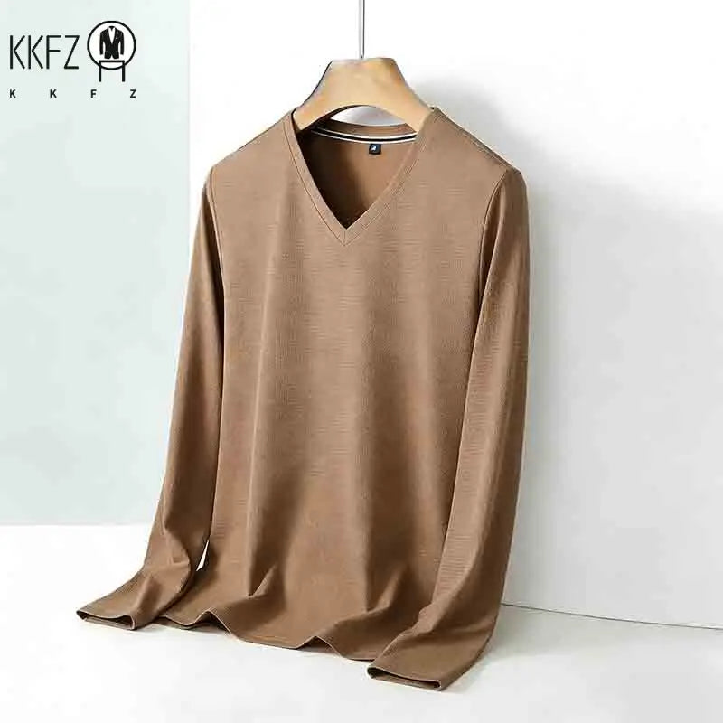 Men's Brown V-neck Long Sleeve Shirt Casual Business Commute Top for Office