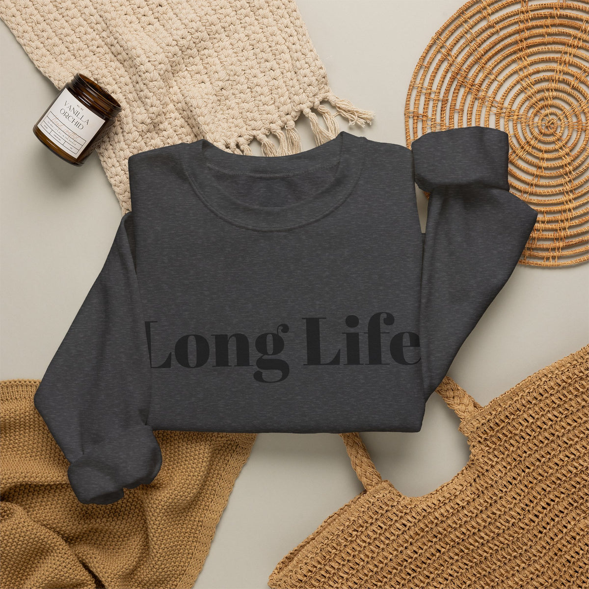 Crewneck Sweatshirt — "Long Life" Front, "Faithful" Back Minimalist Graphic