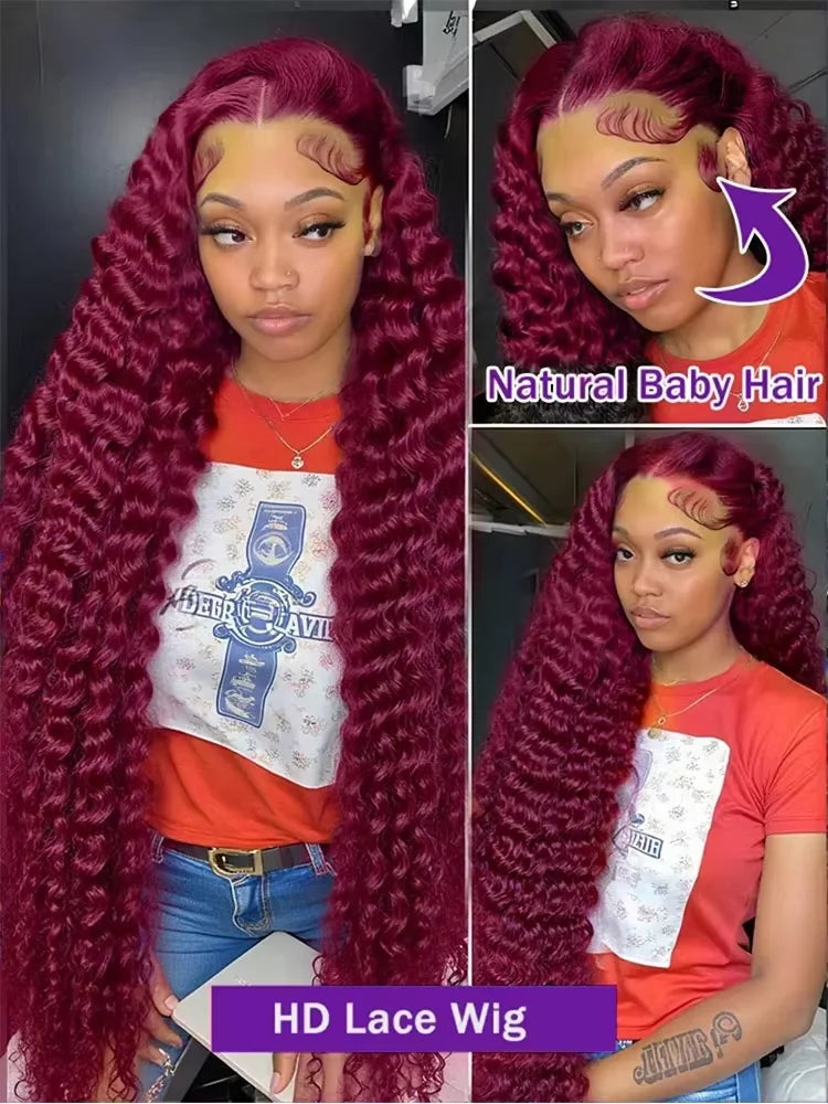 13x6 HD Transparent Lace 200 Density 13x4 Full Frontal Lace 99j Burgundy Preplucked Colored Deep Wave Frontal Human Hair Wig