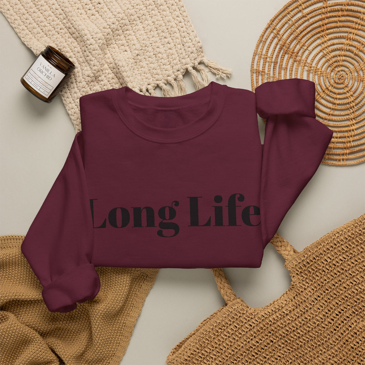 Crewneck Sweatshirt — "Long Life" Front, "Faithful" Back Minimalist Graphic
