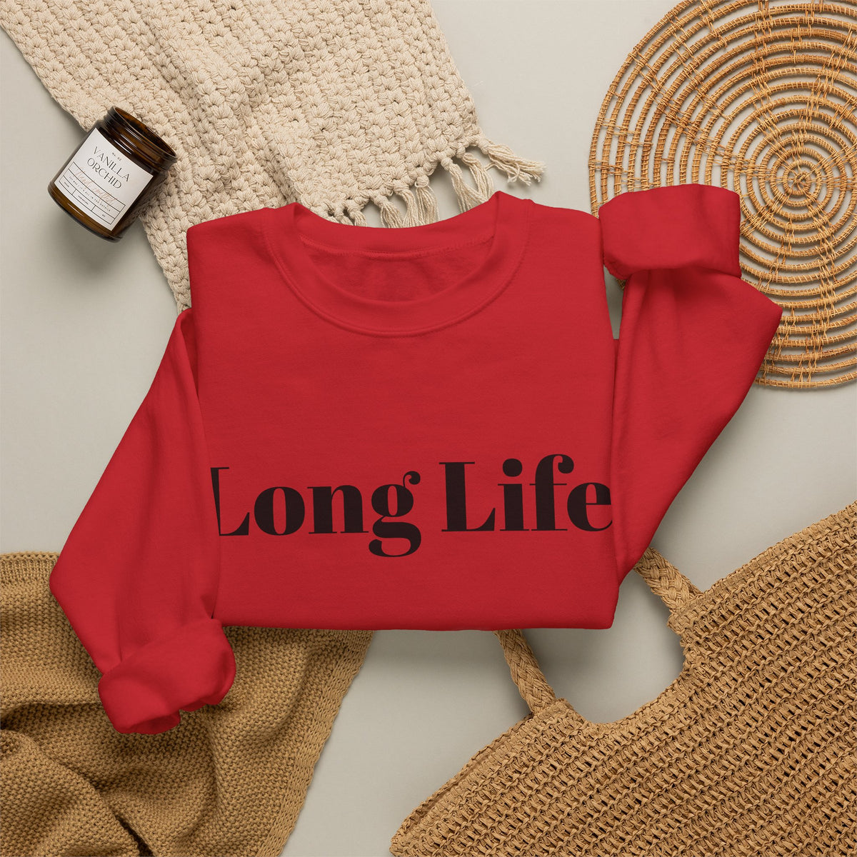 Crewneck Sweatshirt — "Long Life" Front, "Faithful" Back Minimalist Graphic