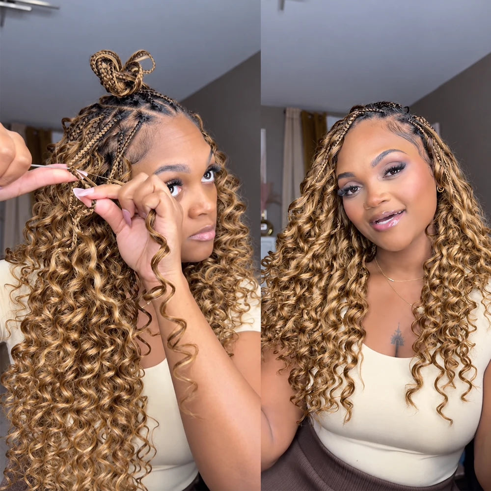 Deep Wave Crochet Hair #27 Color Human Hair Extensions Feather Miracle Knots Pre Separated Knotless Braiding Hair With String Soft Natural Curls Boho Crochet Braids Lightweight Reusable Hair For Women