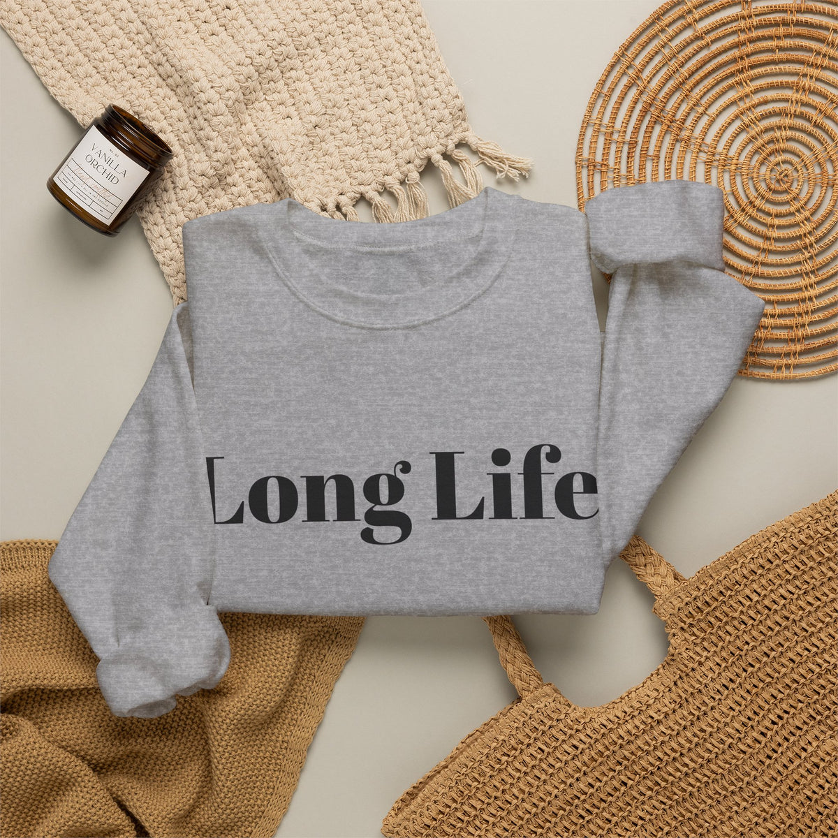 Crewneck Sweatshirt — "Long Life" Front, "Faithful" Back Minimalist Graphic