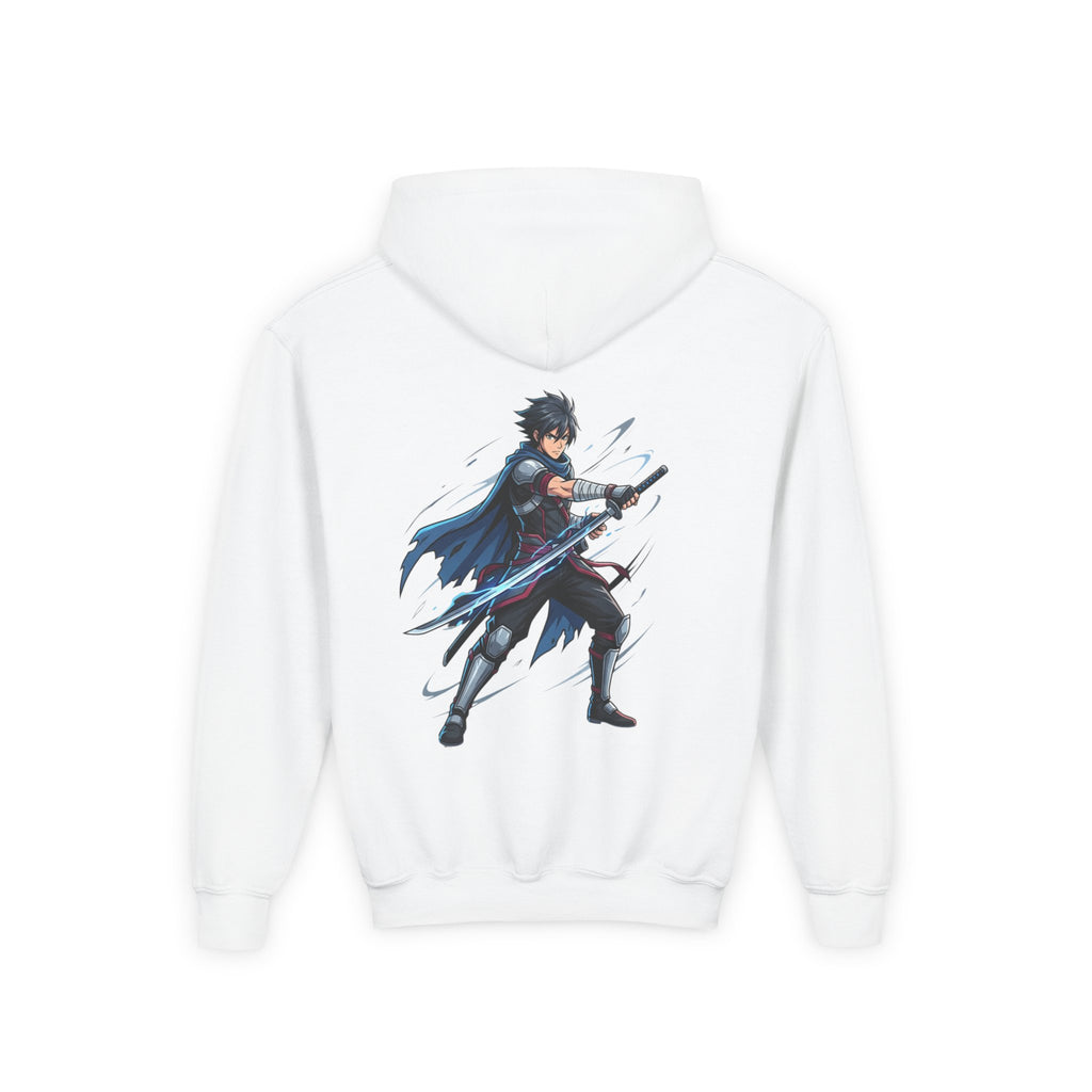 Youth Anime Swordfighter Hoodie — Dark Knight Samurai Graphic Pullover