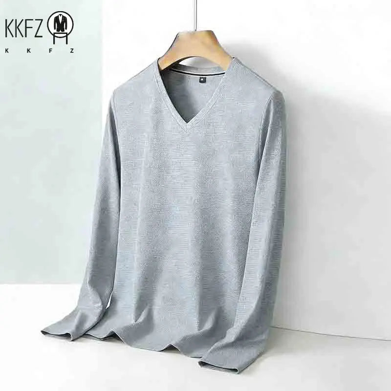 Men's Brown V-neck Long Sleeve Shirt Casual Business Commute Top for Office