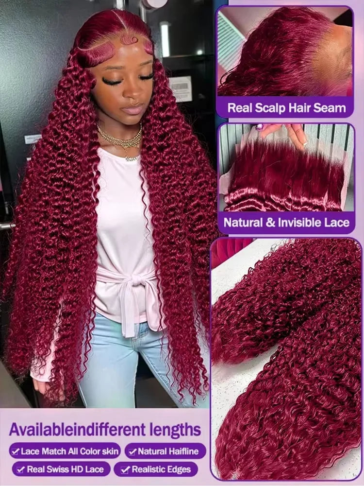 13x6 HD Transparent Lace 200 Density 13x4 Full Frontal Lace 99j Burgundy Preplucked Colored Deep Wave Frontal Human Hair Wig