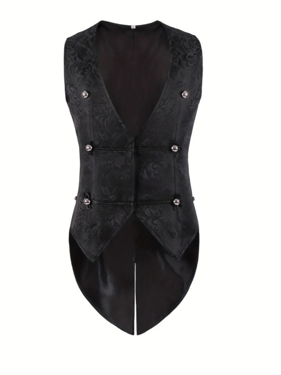 European Medieval Men's Gothic Vest, Halloween Stage Costume, Button Lapel, Slim Fit, Mid-Length Black Waistcoat