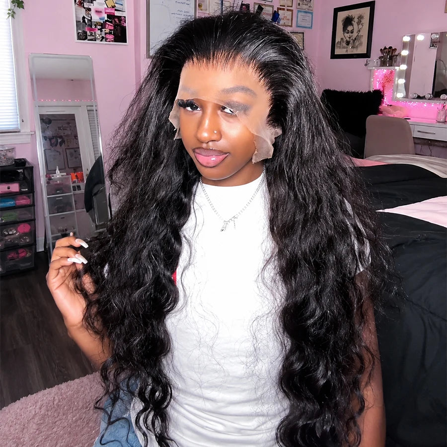 180-220% Density Natural Black 13x6 13x4 HD Transparent Lace Front Human Hair Wigs Body Wave Human Hair Wig 40 Inch #1B Wigs For Natural Look Human Hair Wigs For Women Water Wave Brazilian Pre-Plucked Prebleached Black Wig Promotional Sale