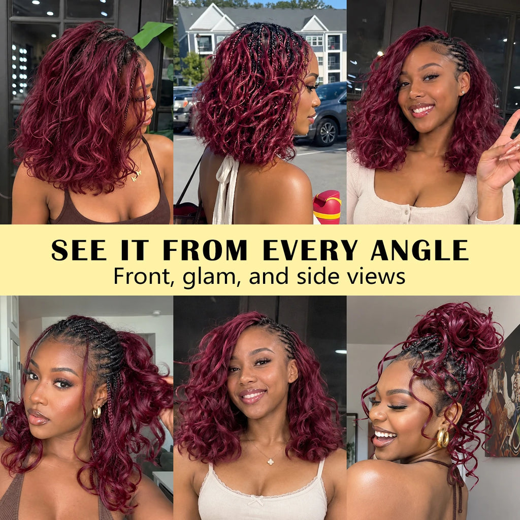 Burgundy 99J Short Body Wave Crochet Human Hair Miracle Knots Feather Knotless Pre Separated Invisible Braiding Hair Extensions Boho Protective Style Soft Natural Lightweight Reusable DIY Salon For Women