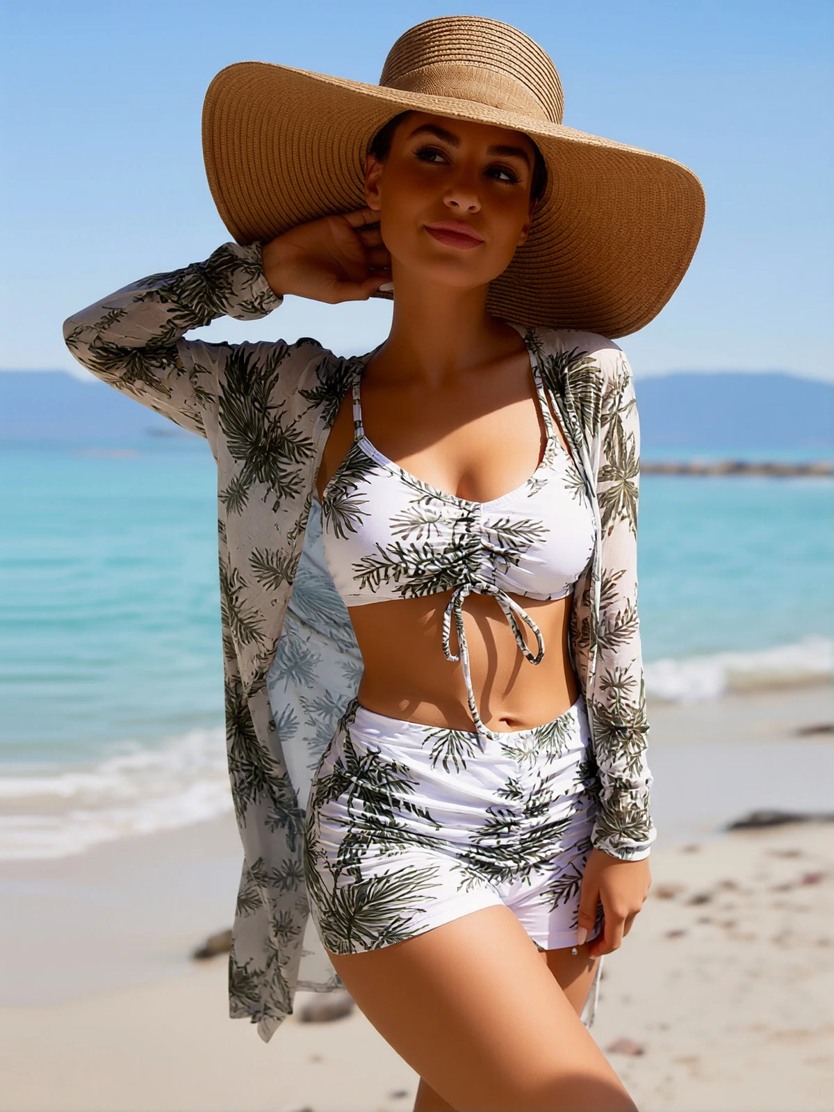 Pink Abstract Swirl Print 3 Piece Bikini Set, Front Tie Cami Crop Top High Waist Shorts Long Sleeve Kimono Cover Up