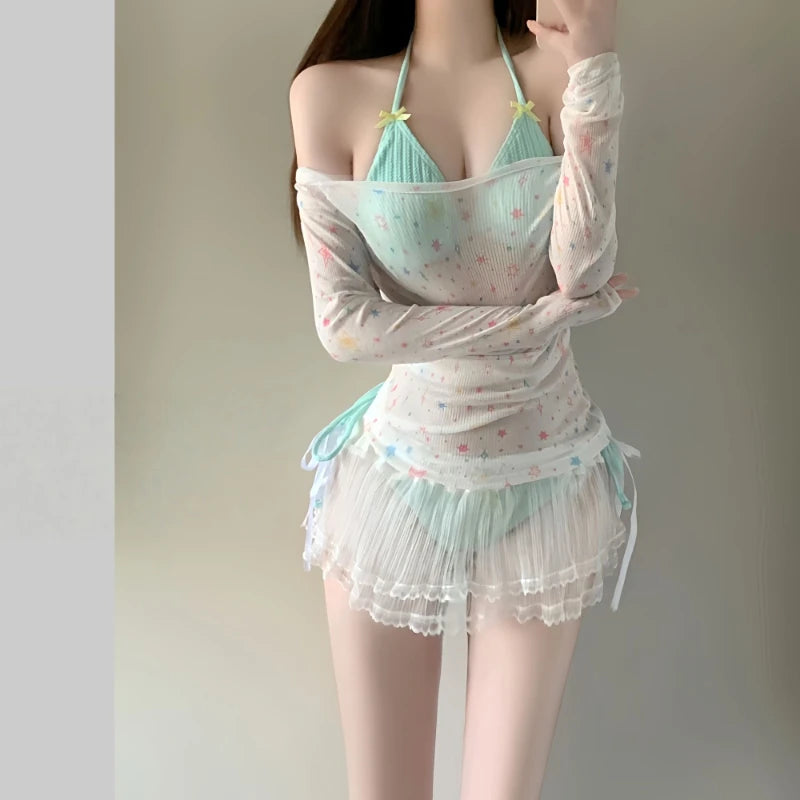 Summer Women's Long Sleeve Bikini Set Korean Fashion Sweet Girl Swimsuit Slimming Beach Bathing Suit with Mesh Cover Up