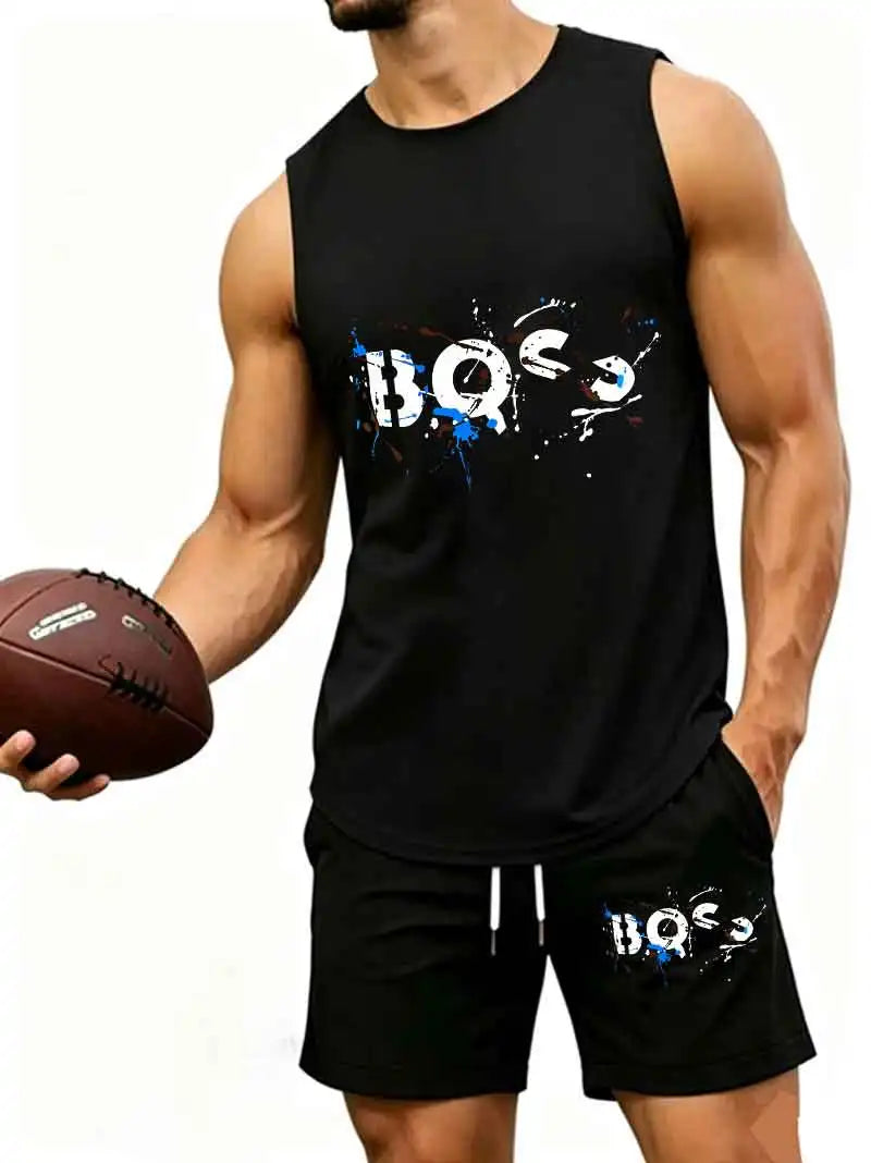 Men's Graffiti Letter Print 2-Piece Tracksuit, Sleeveless Muscle Tank Top with Drawstring Shorts, Casual Urban Sportswear