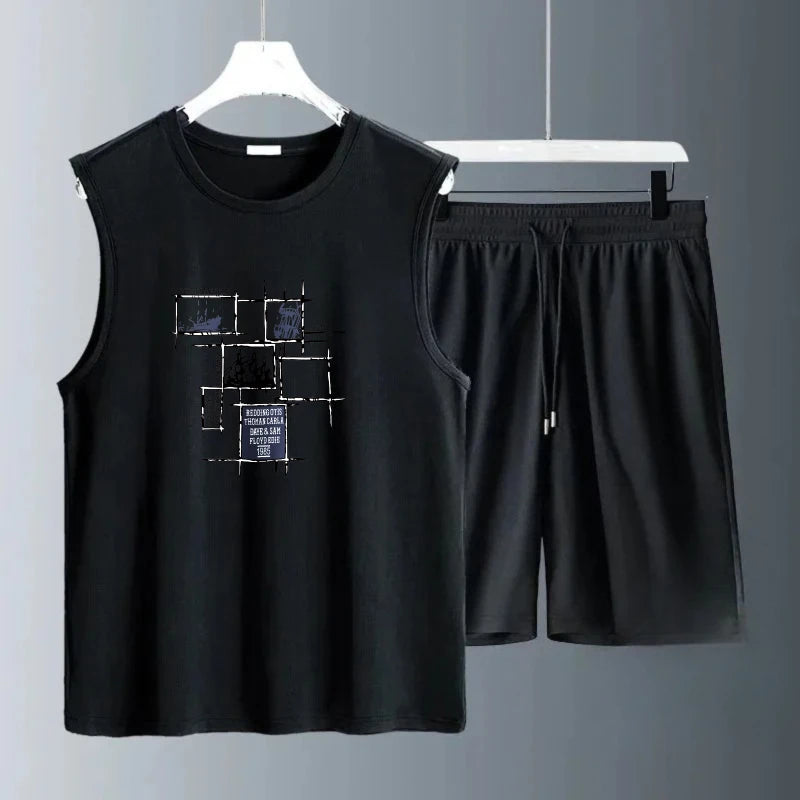 Men's Tank Top Sets 2026 Summer Quick drying running sports oversize men's chandals sets for men seaside beach crewneck