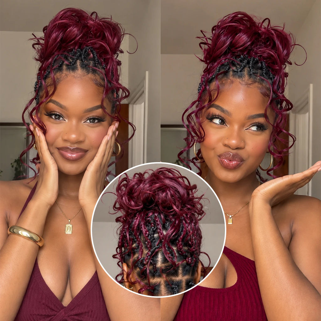 Burgundy 99J Short Body Wave Crochet Human Hair Miracle Knots Feather Knotless Pre Separated Invisible Braiding Hair Extensions Boho Protective Style Soft Natural Lightweight Reusable DIY Salon For Women