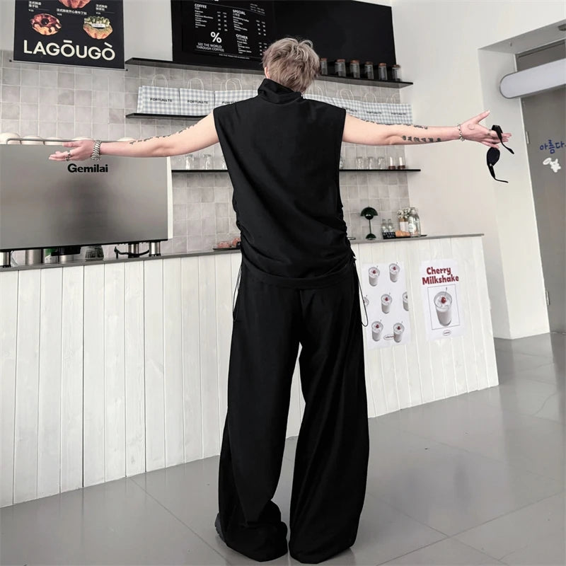 Men's High End Sleeveless Set Casual High Neck Button Detail Drawstring Waist Baggy Pants Minimalist Two Pieces Set 78O9