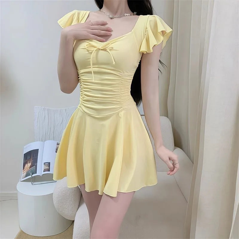 Women Skirted Swimdress Short Sleeve Tummy Control Swimsuit With Padding Slimming Hot Spring Bathing Suit