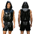 Mens Waterproof Hooded Vest Shorts Set Tracksuit Glossy Costume Front Zipper Waistcoat with Hood And Built-in Briefs Boxer Short