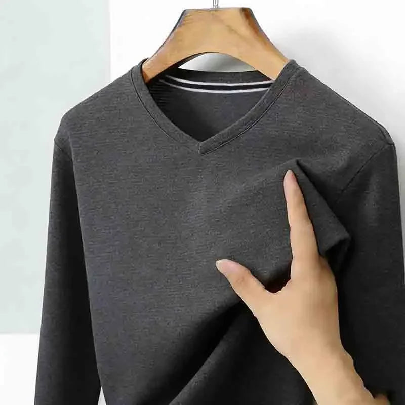 Men's Brown V-neck Long Sleeve Shirt Casual Business Commute Top for Office