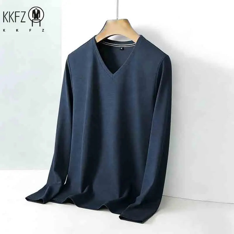 Men's Brown V-neck Long Sleeve Shirt Casual Business Commute Top for Office