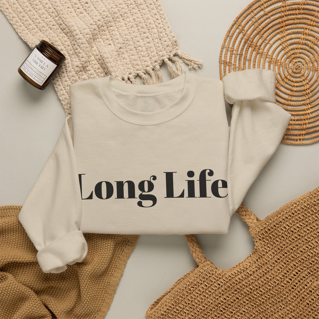 Crewneck Sweatshirt — "Long Life" Front, "Faithful" Back Minimalist Graphic