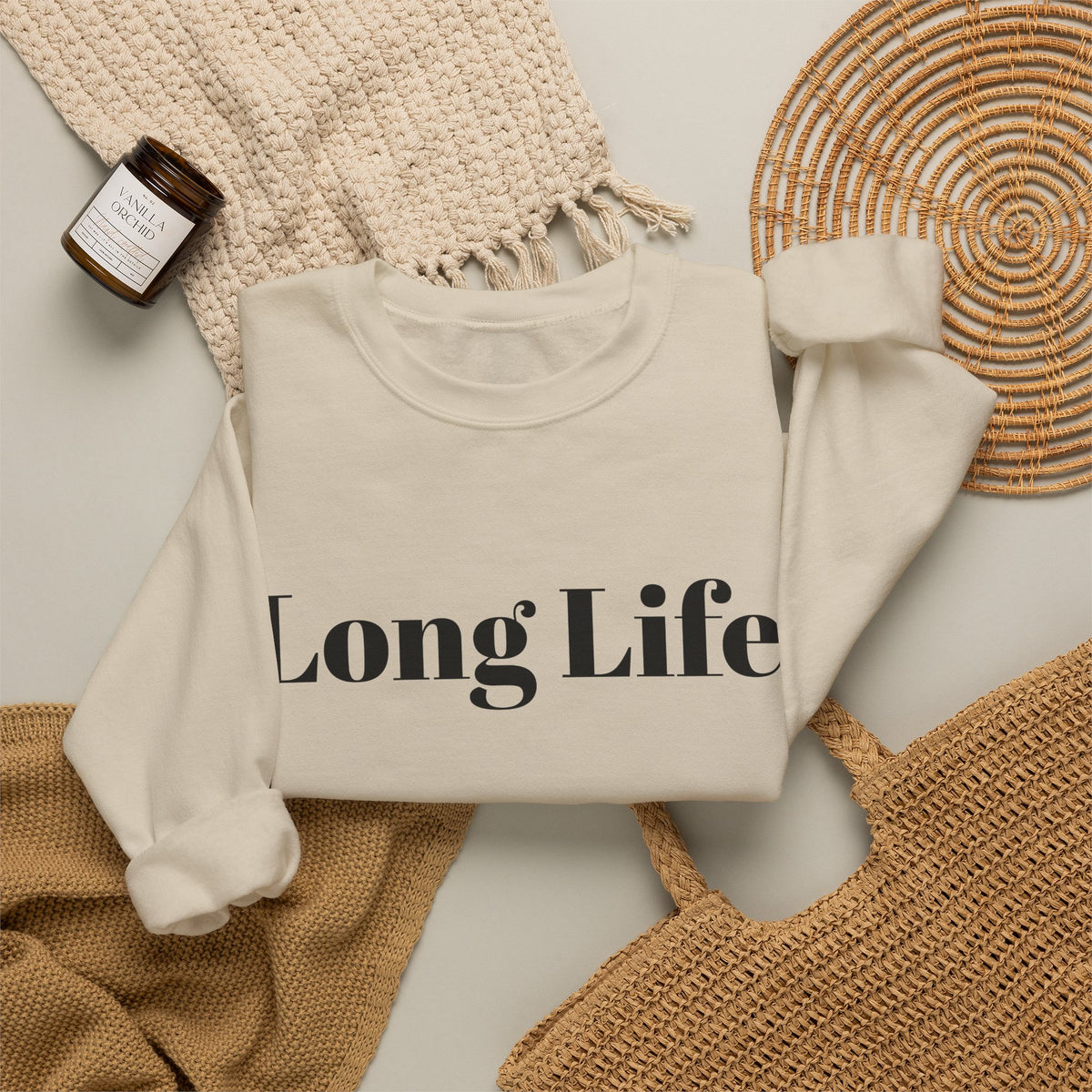 Crewneck Sweatshirt — "Long Life" Front, "Faithful" Back Minimalist Graphic