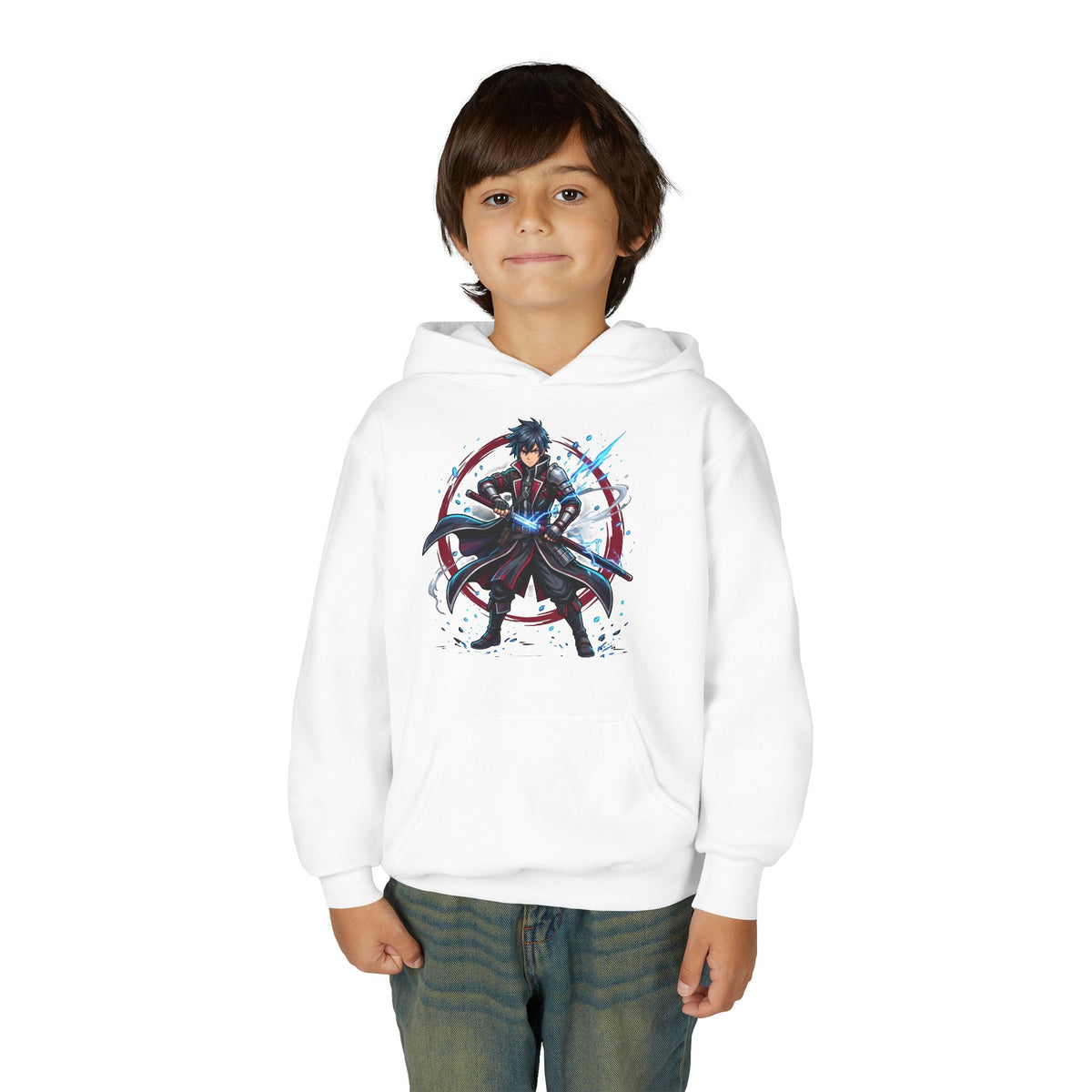 Youth Anime Swordfighter Hoodie — Dark Knight Samurai Graphic Pullover