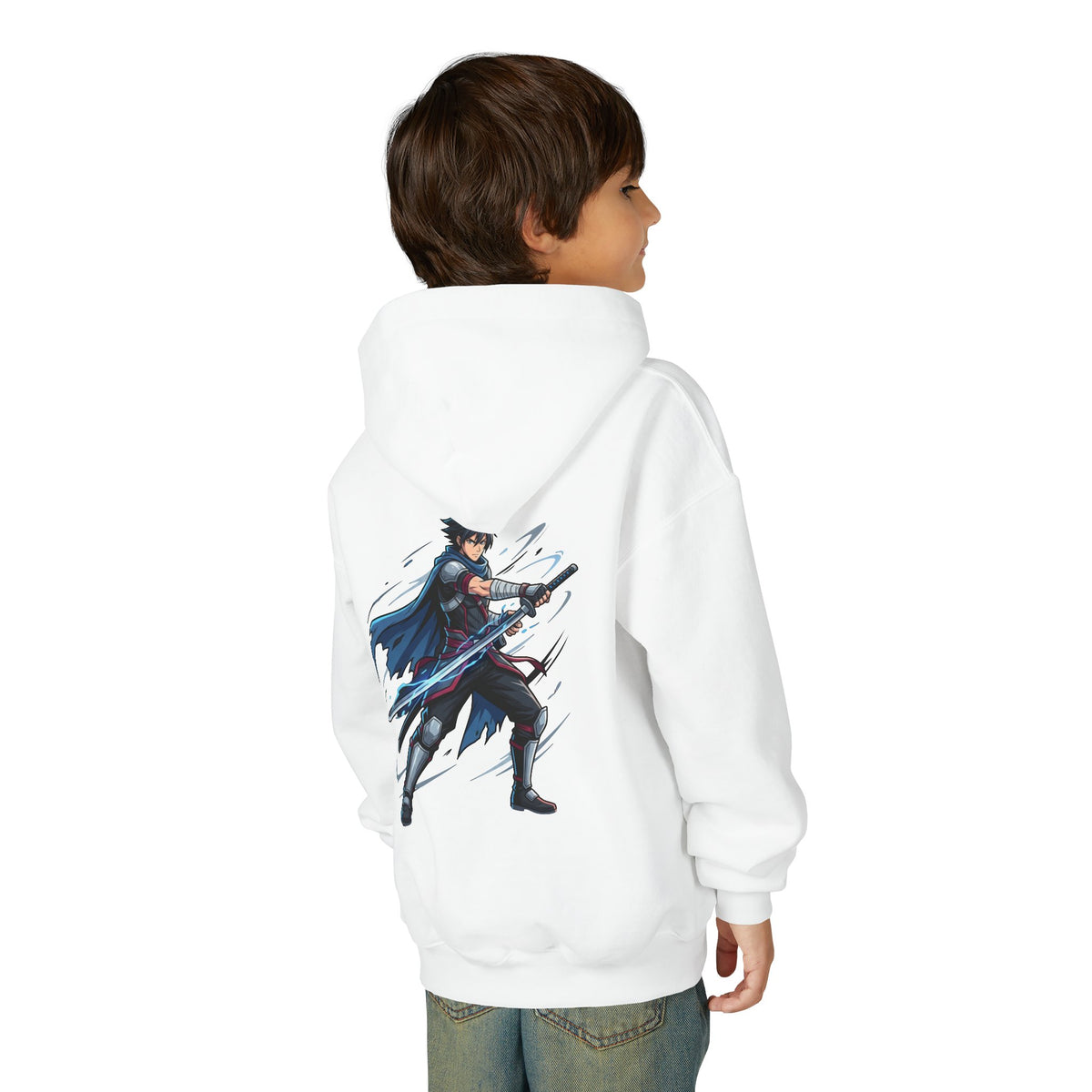 Youth Anime Swordfighter Hoodie — Dark Knight Samurai Graphic Pullover