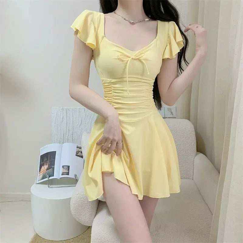 Women Skirted Swimdress Short Sleeve Tummy Control Swimsuit With Padding Slimming Hot Spring Bathing Suit