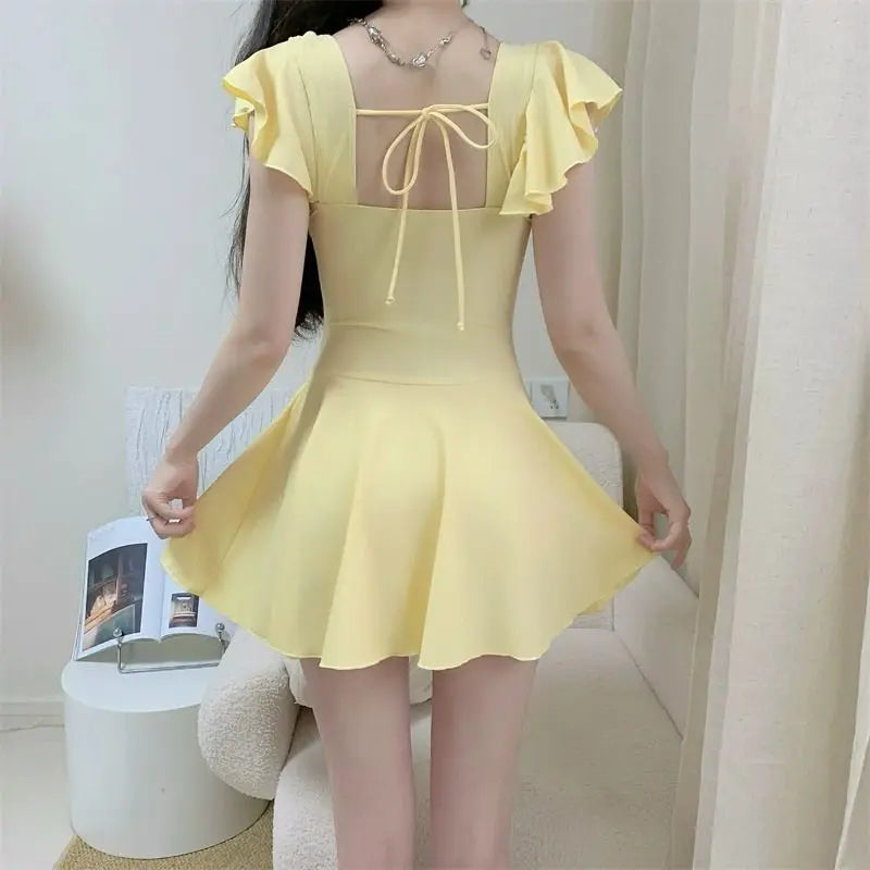 Women Skirted Swimdress Short Sleeve Tummy Control Swimsuit With Padding Slimming Hot Spring Bathing Suit