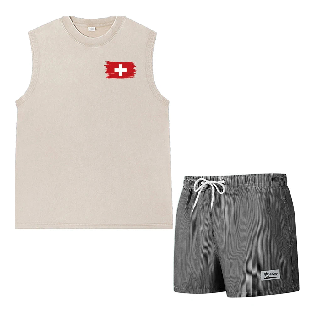 Casual Summer Men's 2 Piece Outfit: Vintage Washed Sleeveless Tee & Pinstripe Quick Dry Swim Shorts Set with Flag Graphic Print