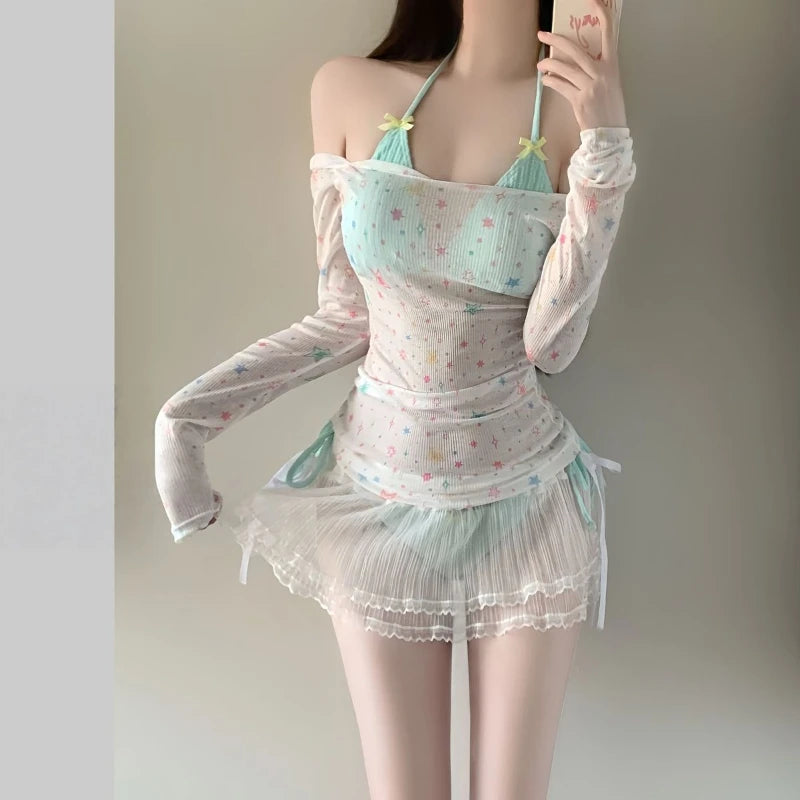 Summer Women's Long Sleeve Bikini Set Korean Fashion Sweet Girl Swimsuit Slimming Beach Bathing Suit with Mesh Cover Up