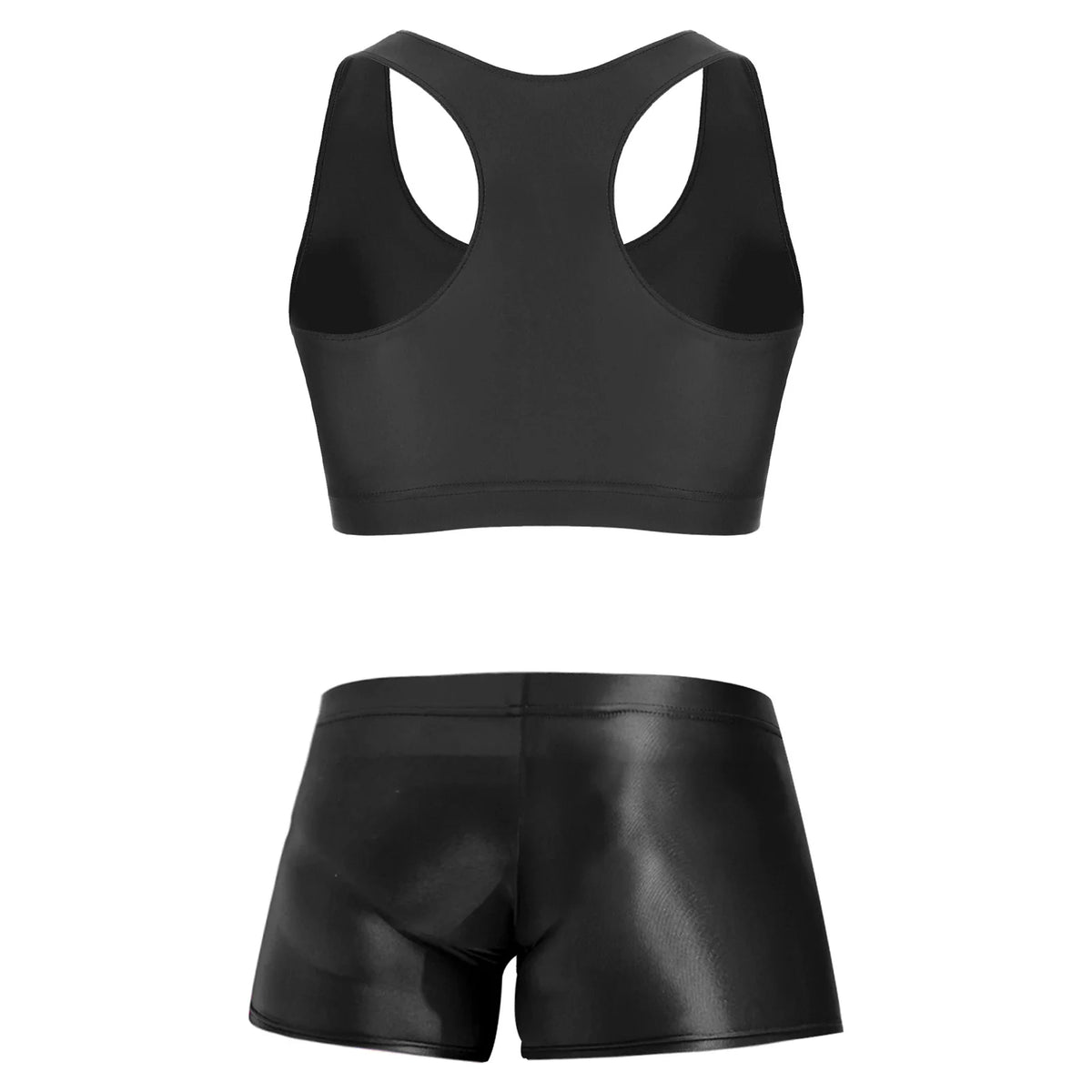 Men Glossy Stretchy Fitness Outfit U Sleeveless Crop Top Vest And Low Rise Boxer Nightwear Underwear Bathing Suit Workout Wear