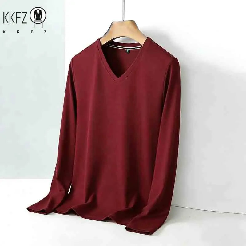 Men's Brown V-neck Long Sleeve Shirt Casual Business Commute Top for Office