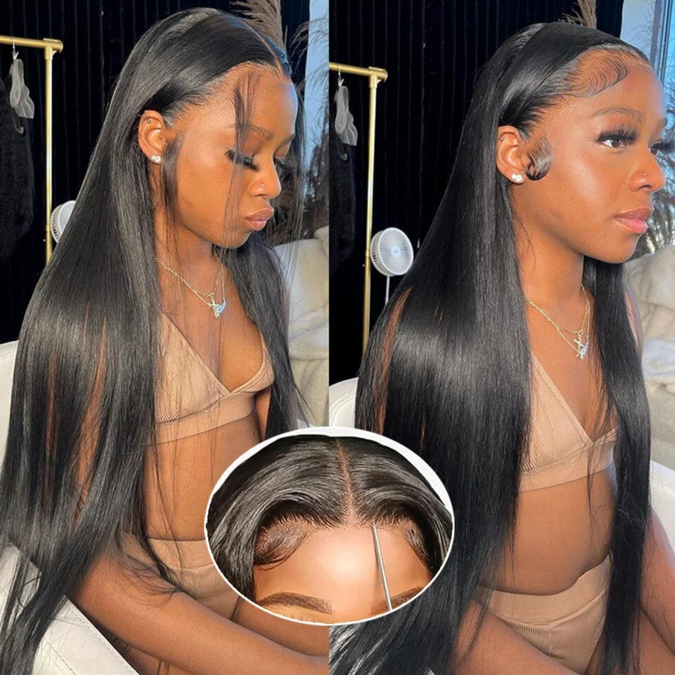 Glueless Bone Straight Human Hair Wigs 220 Density 13X4 13X6 HD Transparent Lace Frontal Wig Natural Black For Women 5X5 HD Lace Closure Wig 40 Inch