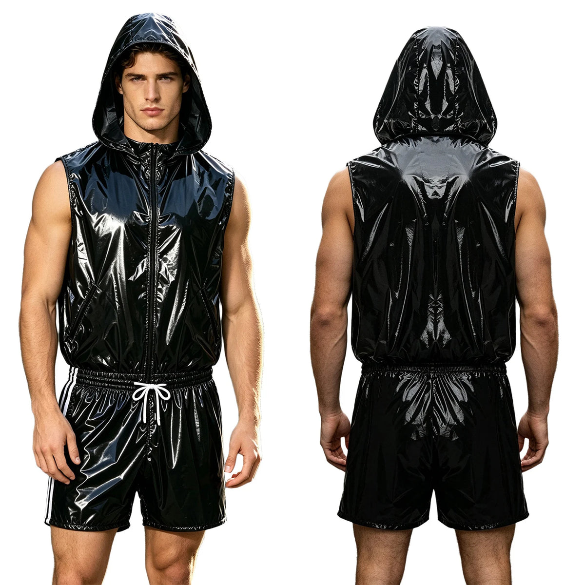 Men's Waterproof Tracksuit Sleeveless Zipper Hooded Vest with Boxer Shorts Built-in Briefs Fitness Cycling Sportswear Clubwear