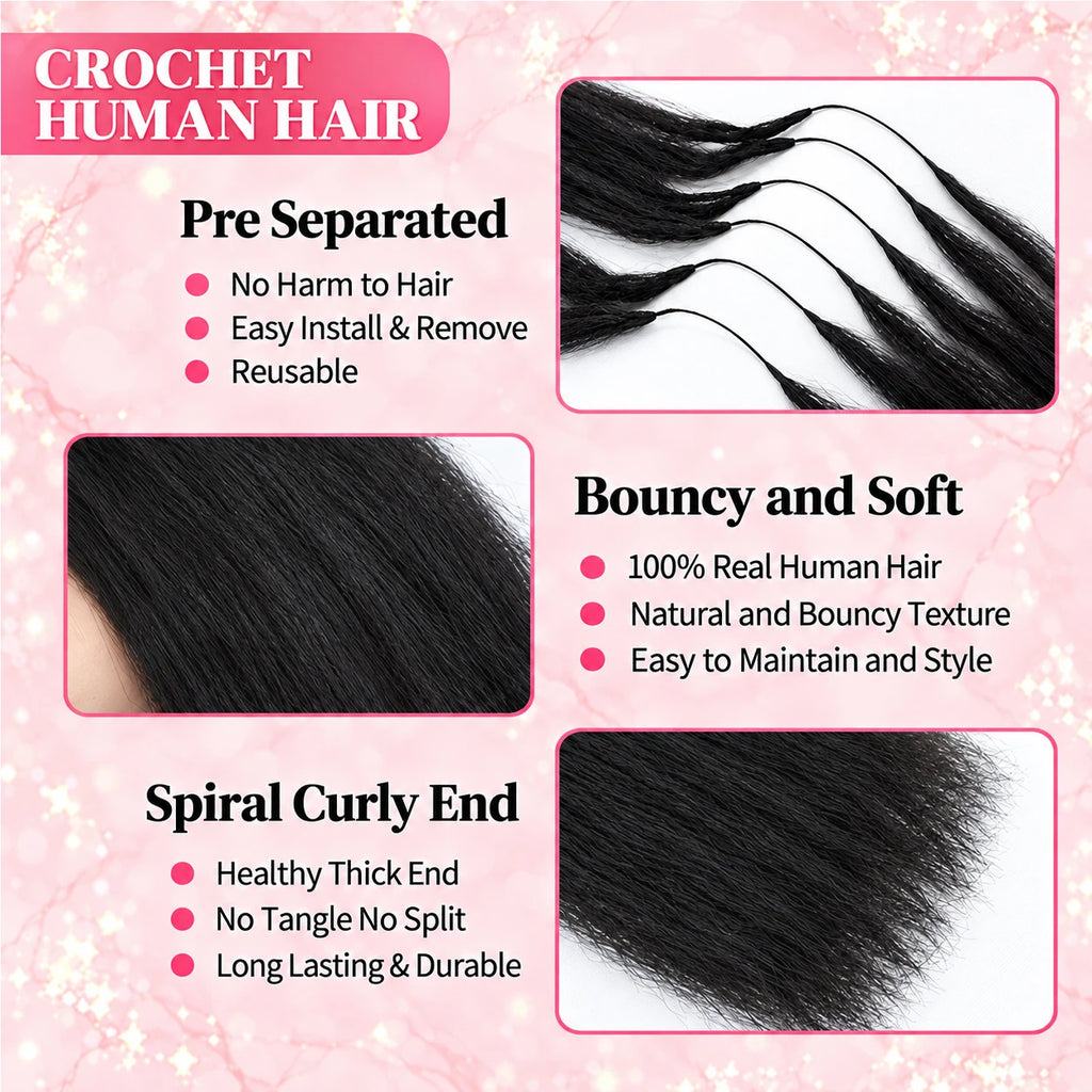 Kinky Straight Human Hair Crochet for Women Feather Hair Extensions Pre-Separated Lightweight Reusable Invisible Knots Natural Black Crochet Human Hair Bundles