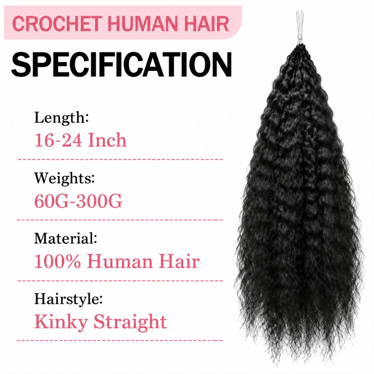 Kinky Straight Human Hair Crochet for Women Feather Hair Extensions Pre-Separated Lightweight Reusable Invisible Knots Natural Black Crochet Human Hair Bundles
