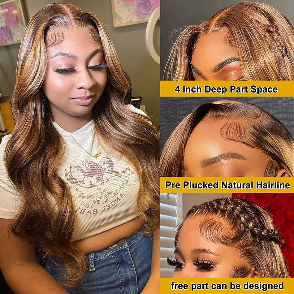 High Inch P4/27 Highlight Ombre Brown 13x6 HD Lace Frontal Wig Honey Blonde Colored 13x4 HD Lace Front Human Hair Wigs For Women Body Wave Pre Plucked 4/27 Ombre Blonde Lace Front 200 Density