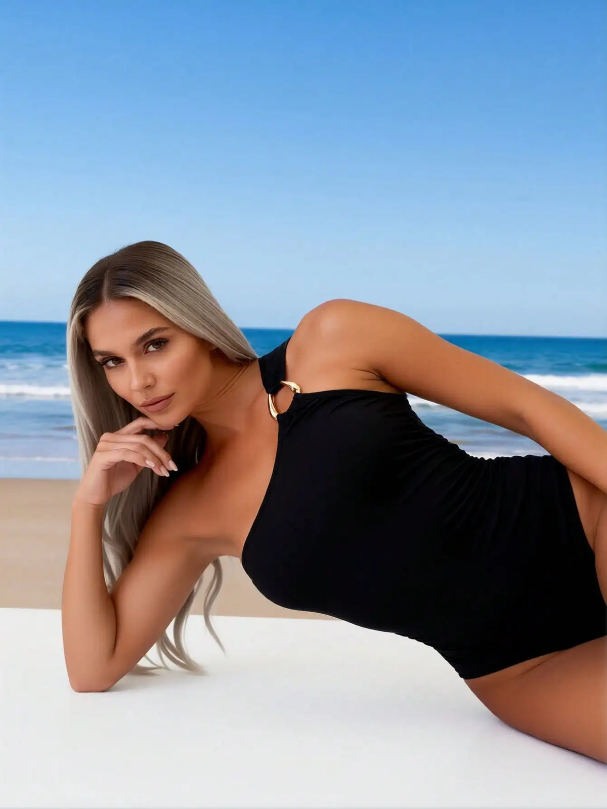 Women's One-Piece Swimsuit: Solid Black, One-Shoulder Design, Gold O-Ring Accent, Tummy Control, Elegant Beach Style