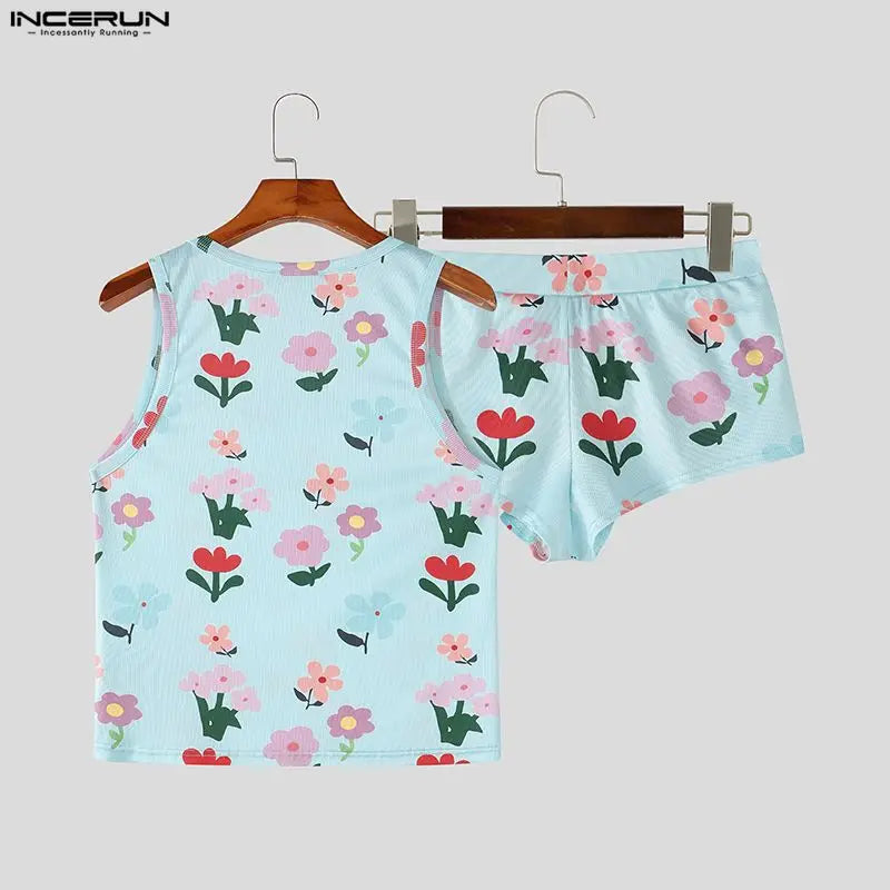 INCERUN Men's Sets Flower Printing Summer Homewear Sleeveless Tank Tops Shorts Two Piece Sets 2026 Casual Unisex Matching Sets